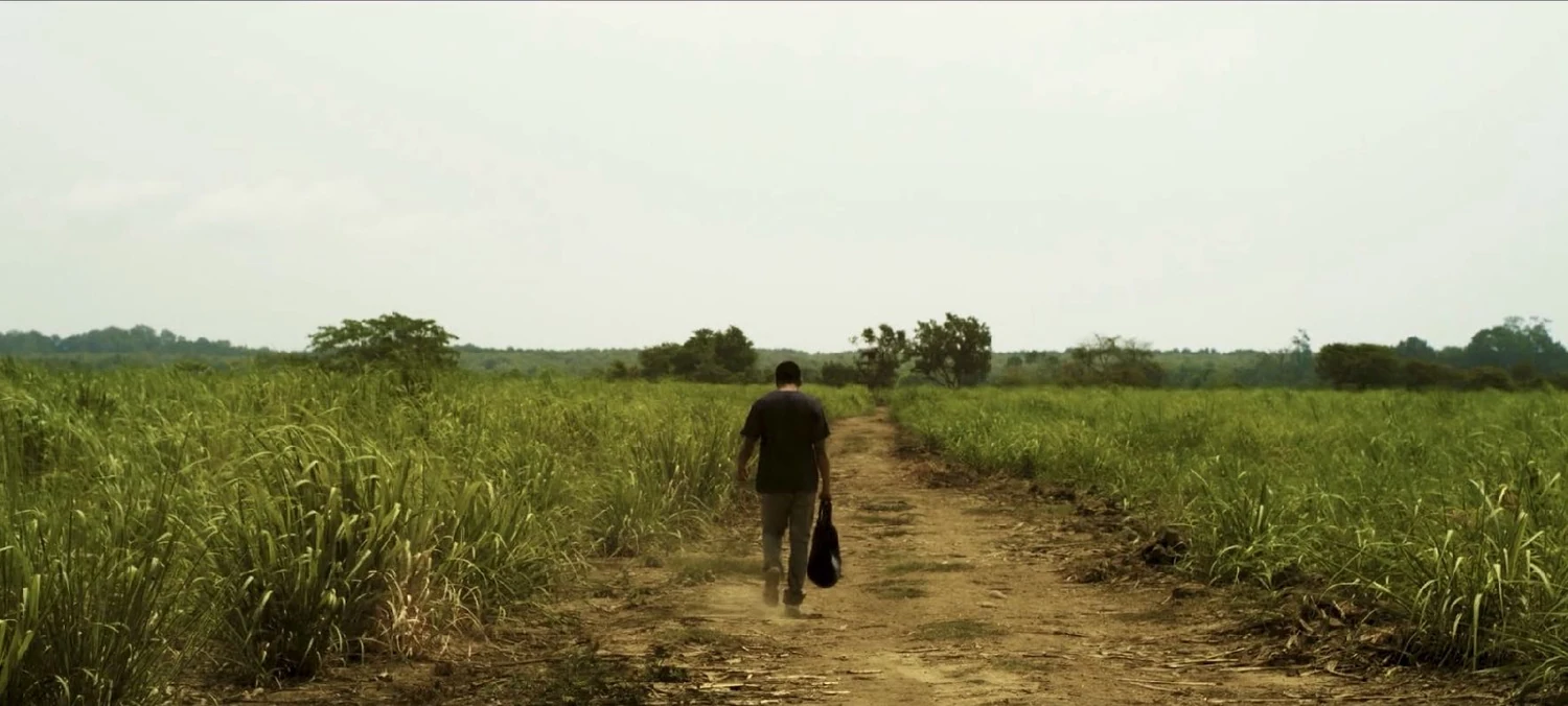 El Deportado production image: a solitary person walks along a dirt road through a grassy landscape
